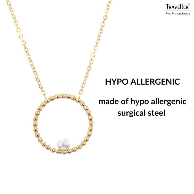 Traveller Necklace - Stainless Steel - Gold Plated - Freshwater Pearl - 4 mm - Pendant 25 mm - 45+5 cm - 181235