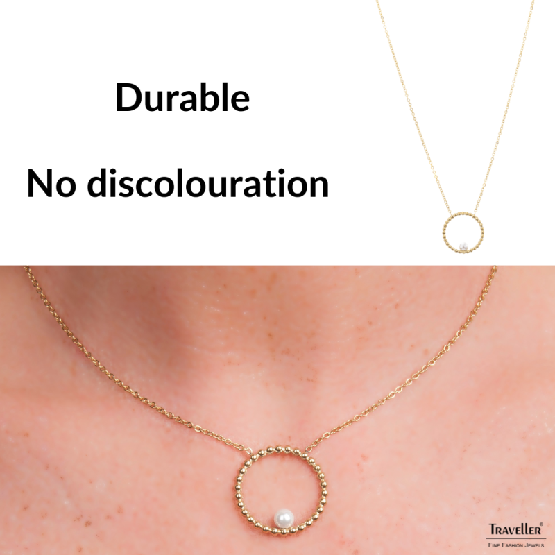 Traveller Necklace - Stainless Steel - Gold Plated - Freshwater Pearl - 4 mm - Pendant 25 mm - 45+5 cm - 181235