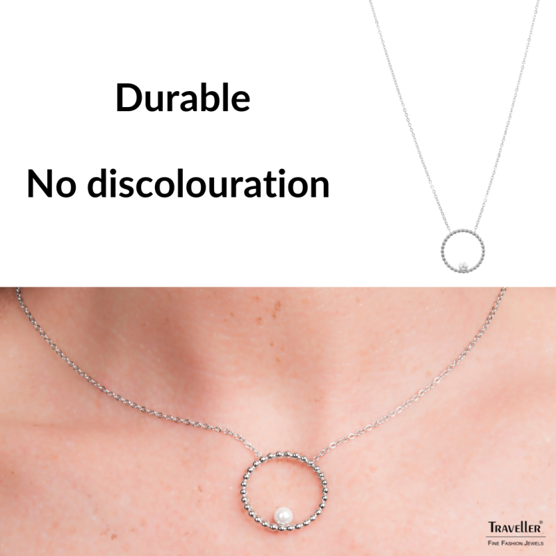 Traveller Necklace - Stainless Steel - Silver Coloured - Freshwater Pearl - 4 mm - Pendant 25 mm - 45+5 cm - 181236