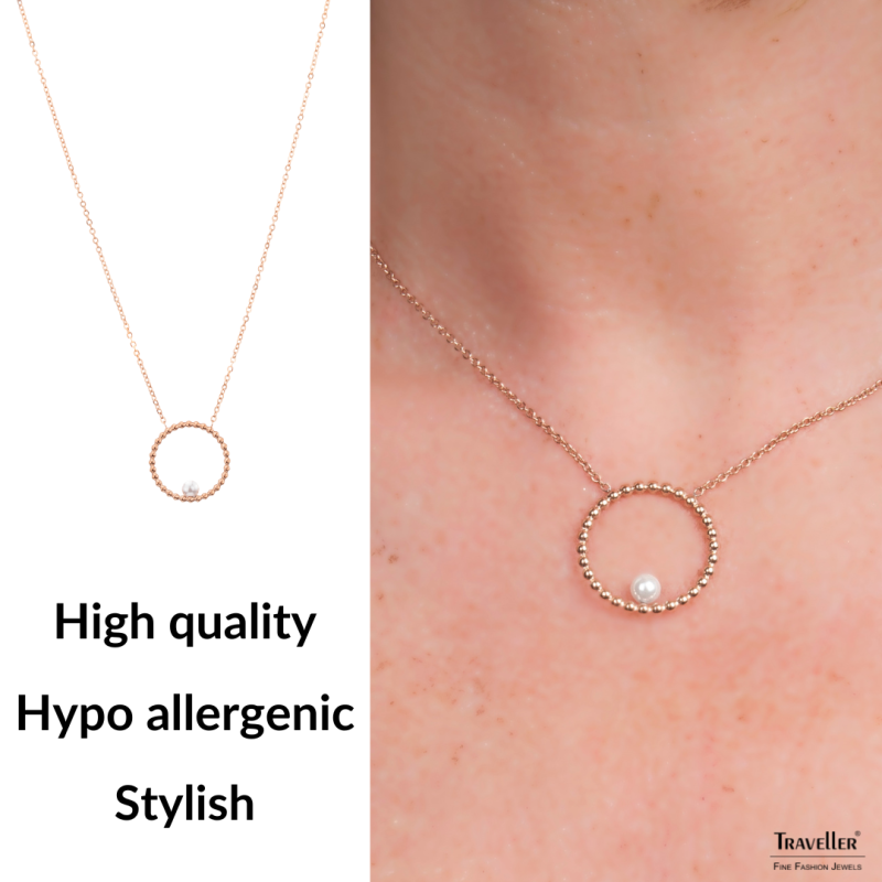 Traveller Necklace - Stainless Steel - Rosé Gold Plated - Freshwater Pearl - 4mm - Pendant 25 mm - 45+5cm - 181237