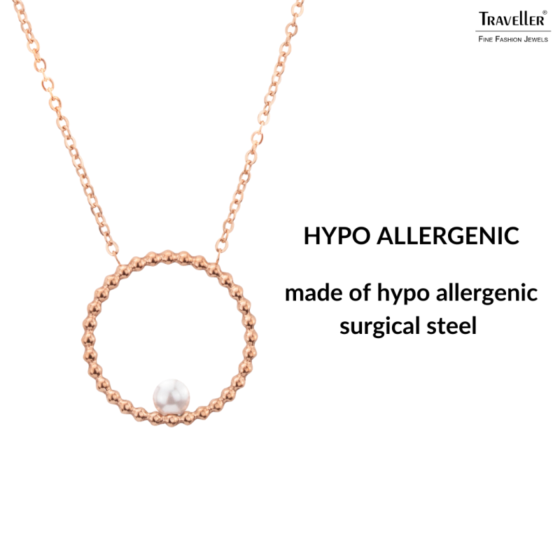 Traveller Necklace - Stainless Steel - Rosé Gold Plated - Freshwater Pearl - 4mm - Pendant 25 mm - 45+5cm - 181237