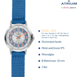 ATRIUM Children's Watch - Boys / Girls - Blue & Silver - Analogue - 3 Bar - Learning Dial - Nylon Strap - A46-12
