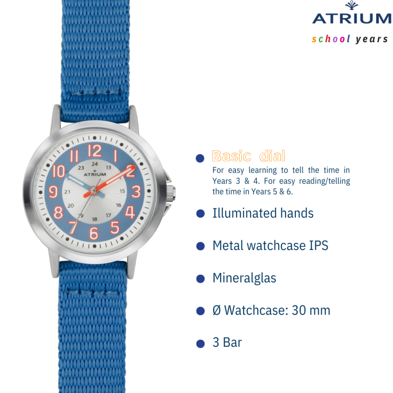 ATRIUM Children's Watch - Boys / Girls - Blue & Silver - Analogue - 3 Bar - Learning Dial - Nylon Strap - A46-12