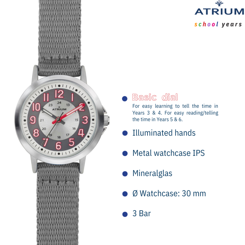 ATRIUM Watch - Children - Boys/ Girls - Grey & Silver - Analogue - 3 Bar - Learning Dial - Nylon Strap - A46-10