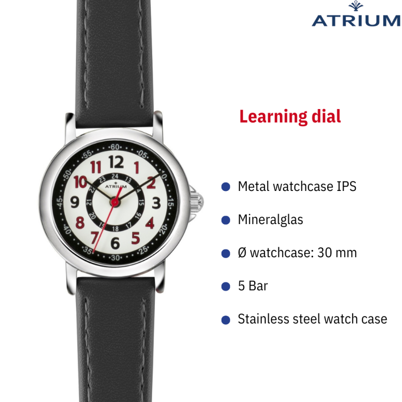 ATRIUM Childrens Watch - Boys / Girls - Black - analogue - 5 bar - Learning Dial - A31-107