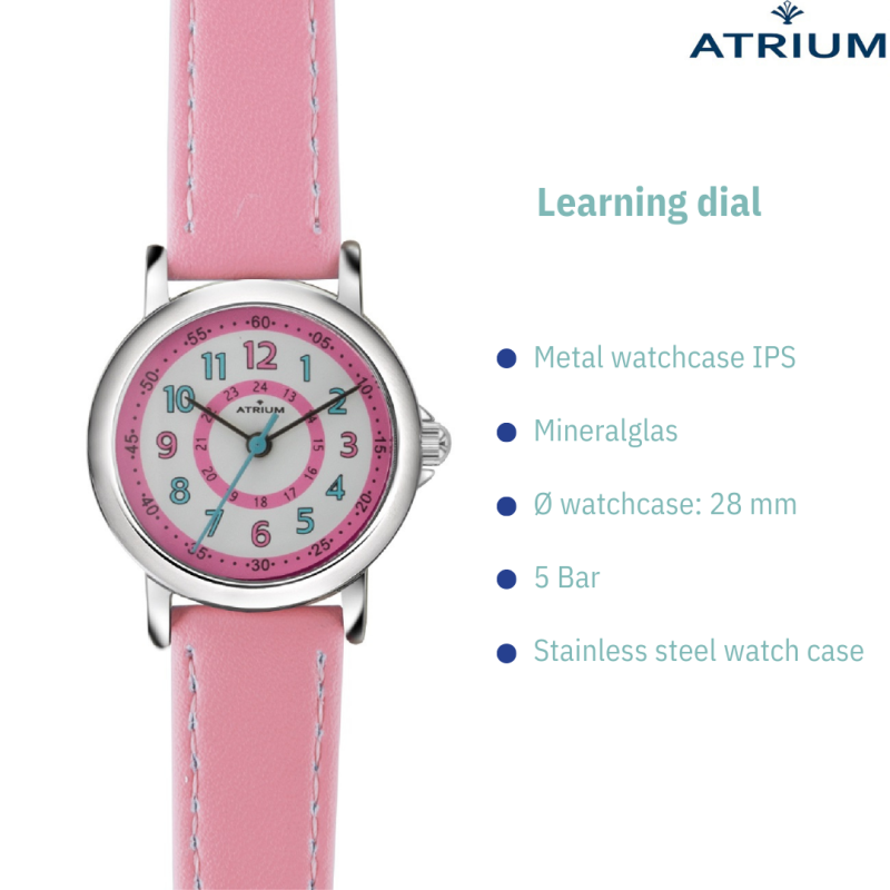 ATRIUM Childrens Watch - Girls - Light Pink - Analogue- 5 bar - Learning Dial
