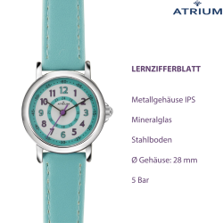 ATRIUM Kinder Armbanduhr - Mädchen - Mint - Analog - 5 Bar - Lernzifferblatt - A31-106
