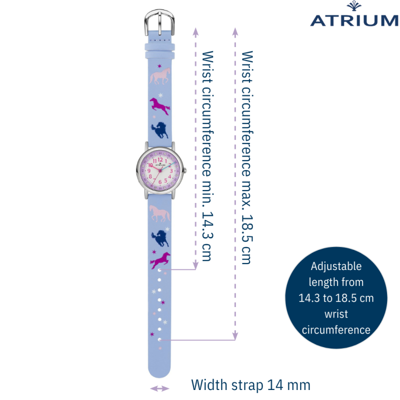 ATRIUM Children's Watch - Girls - Lilac - Horses - Analogue - Crystals - 3 Bar - Learning Dial