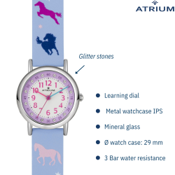 ATRIUM Children's Watch - Girls - Lilac - Horses - Analogue - Crystals - 3 Bar - Learning Dial