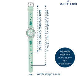 ATRIUM Children's Watch - Girls - Mint Green - Flowers - Analogue - Crystals - 3 Bar - Learning Dial