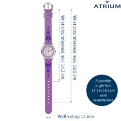 Atrium Children's Watch - Girls - Purple - Crystals - Analogue - 3 bar - Butterflies - Learning Dial - A47-18