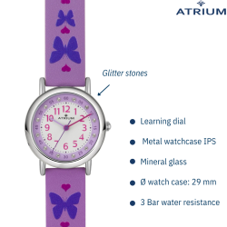 Atrium Children's Watch - Girls - Purple - Crystals - Analogue - 3 bar - Butterflies - Learning Dial - A47-18
