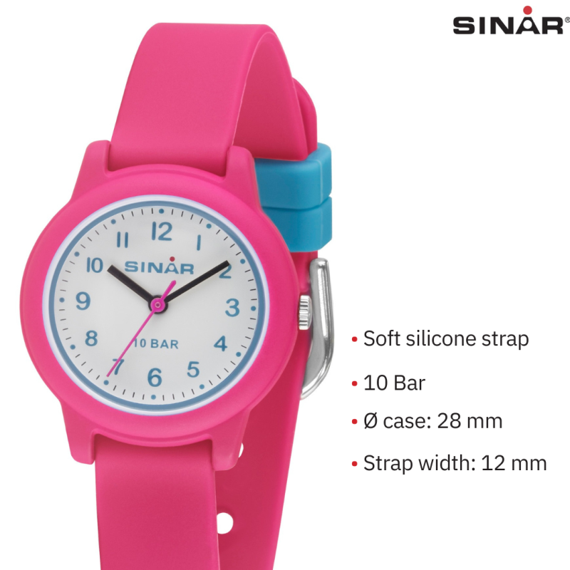 Sinar Watch- Girls - Pink - Analogue - 10 Bar - 28 mm - Soft Adjustable Strap (12-17.5 cm)