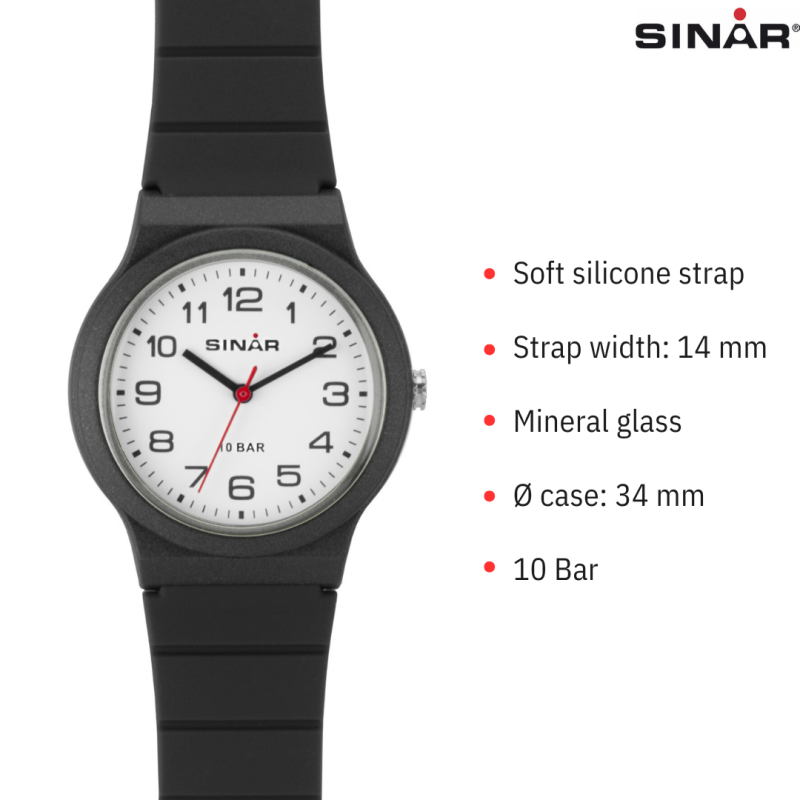 SINAR Watch - Black - Analogue - 34 mm - 10 Bar - Adjustable Strap 13-18 cm