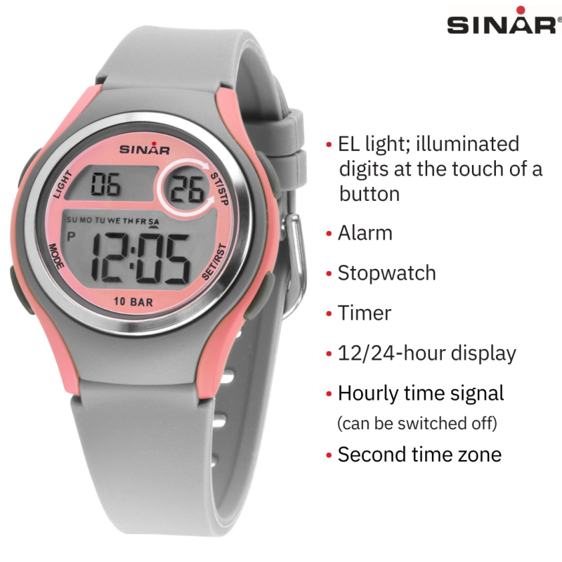 Sinar Watch - Digital - Light Grey/Pink - 10 Bar Waterproof - Ø 36 mm - Adjustable Strap 13-18.5 cm