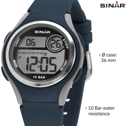 Sinar Watch - Digital - Blue / Grey - 10 Bar Waterproof - Ø 36 mm - Adjustable Strap 13-18.5 cm