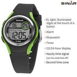 Sinar Watch - Digital - Black/Green - 10 Bar Waterproof - Ø 36 mm - Adjustable Strap 13-18.5 cm
