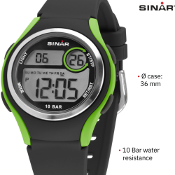 Sinar Watch - Digital - Black/Green - 10 Bar Waterproof - Ø 36 mm - Adjustable Strap 13-18.5 cm