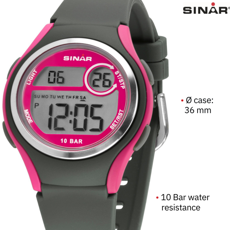 Sinar Watch - Digital - Dark Grey/Pink - 10 Bar Waterproof - Ø 36 mm - Adjustable Strap 13-18.5 cm