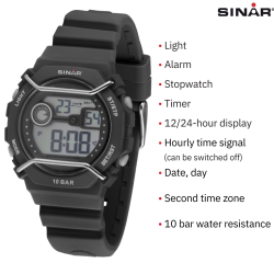 Sinar Watch - Digital - Black / Grey - 10 Bar Waterproof - Ø 40 mm - Adjustable Strap 14-19.5 cm - XE69-1 