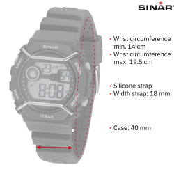 Sinar Watch - Digital - Black / Grey - 10 Bar Waterproof - Ø 40 mm - Adjustable Strap 14-19.5 cm - XE69-1 
