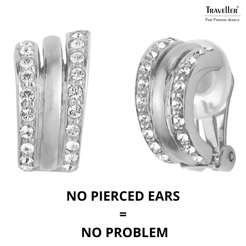 Traveller Clip-on Earrings - Silver Coloured - Crystals - Platinum Plated - 16x10mm