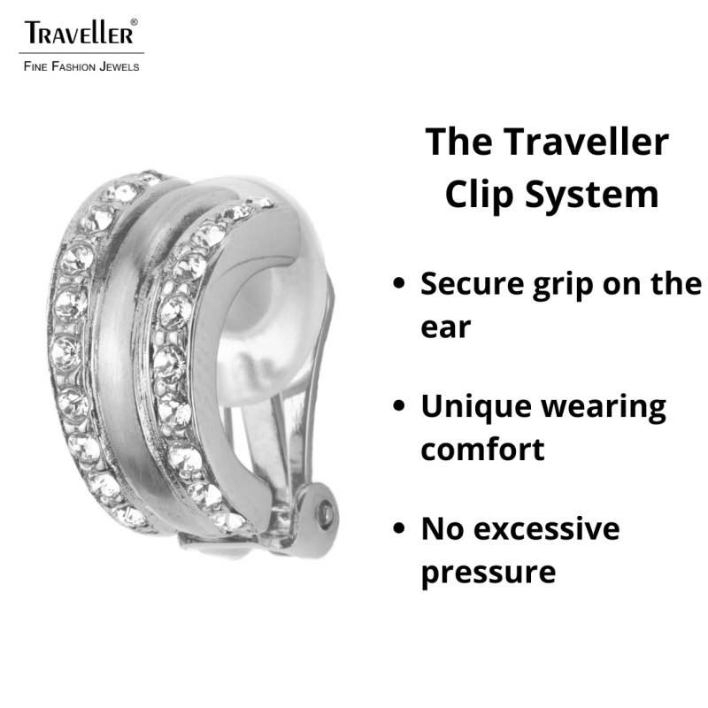 Traveller Clip-on Earrings - Silver Coloured - Crystals - Platinum Plated - 16x10mm