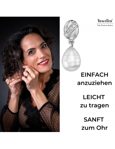 Traveller Ohrclips - Hänger - Silberfarben - Barock Perle - Weiss - Kristalle - Platiniert - 23x8 mm - 114255