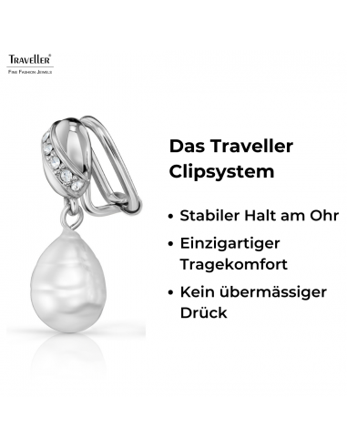 Traveller Ohrclips - Hänger - Silberfarben - Barock Perle - Weiss - Kristalle - Platiniert - 23x8 mm - 114255