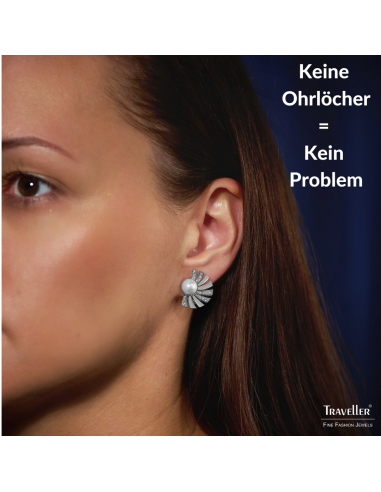 Traveller Ohrclip - Silberfarben - Perle - 8mm - Weiß - Kristalle - Platiniert - Halbe Sonne - 20x15mm - 114268
