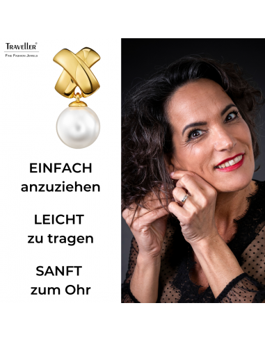 Traveller Ohrclip - Hänger - Perle - 14mm - Weiss - Kreuz - 22kt vergoldet - 32x16mm - 110506