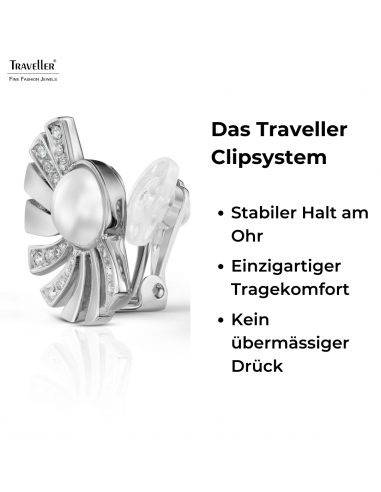 Traveller Ohrclip - Silberfarben - Perle - 8mm - Weiß - Kristalle - Platiniert - Halbe Sonne - 20x15mm - 114268