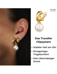 Traveller Ohrclip - Hänger - Perle - 14mm - Weiss - Kreuz - 22kt vergoldet - 32x16mm - 110506
