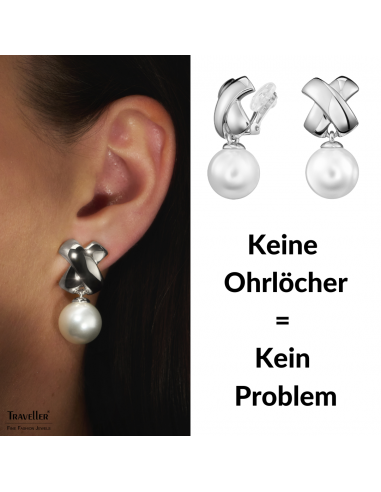 Traveller Ohrclip - Hänger - Perle - 14mm - Weiss - Kreuz - Silberfarbe - Platiniert - 32x16 mm - 110507