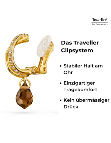 Traveller Ohrclips - Hänger - Goldfarben - Kristalle - Braun/ Topaz - Vergoldet - 30x5 mm - 157569