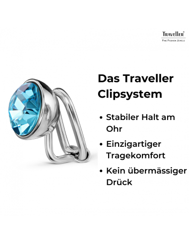 Traveller Ohrclips - Silberfarbe - Kristalle - Blau Aquamarine - Platiniert- 10 mm - 157511