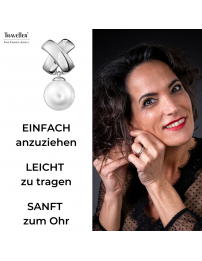 Traveller Ohrclip - Hänger - Perle - 14mm - Weiss - Kreuz - Silberfarbe - Platiniert - 32x16 mm - 110507