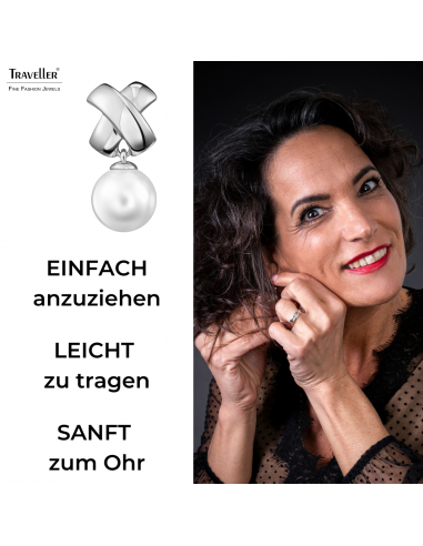 Traveller Ohrclip - Hänger - Perle - 14mm - Weiss - Kreuz - Silberfarbe - Platiniert - 32x16 mm - 110507
