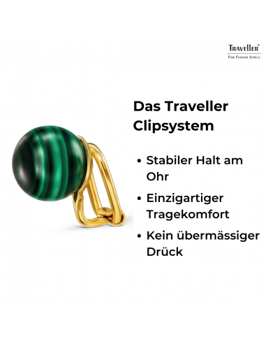 Traveller Ohrclips - 22kt Vergoldet - Echter Malachit - 10 mm - Grün - Einzigartig - 112501