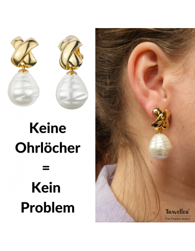Traveller Ohrclip - Hänger - Vergoldet - Barok Perle - Weiß - 40x15mm - 110648