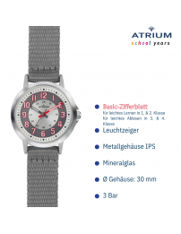 ATRIUM Uhr - Kinder - Jungen - Grau & Silberfarbe - Analog - 3 Bar - Lernzifferblatt - Nylonband - A46-10