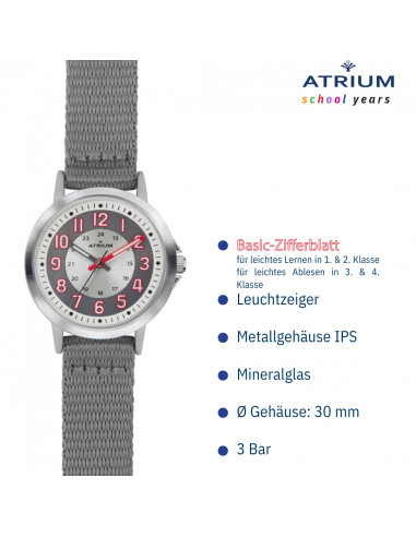 ATRIUM Uhr - Kinder - Jungen - Grau & Silberfarbe - Analog - 3 Bar - Lernzifferblatt - Nylonband - A46-10