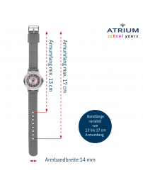 ATRIUM Uhr - Kinder - Jungen - Grau & Silberfarbe - Analog - 3 Bar - Lernzifferblatt - Nylonband - A46-10