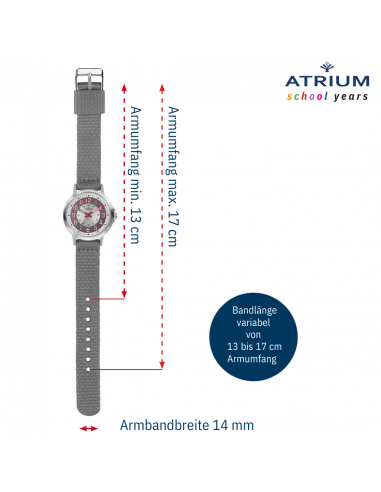 ATRIUM Uhr - Kinder - Jungen - Grau & Silberfarbe - Analog - 3 Bar - Lernzifferblatt - Nylonband - A46-10