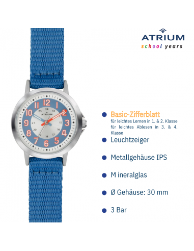 ATRIUM Kinderuhr – Jungen / Mädchen – Blau & Silber – Analog – 3 Bar – Lederzifferblatt