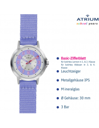 ATRIUM Uhr - Kinder - Mädchen - Flieder&Silberfarbe - Analog - 3 Bar - Lernzifferblatt - Nylonband - A46-18