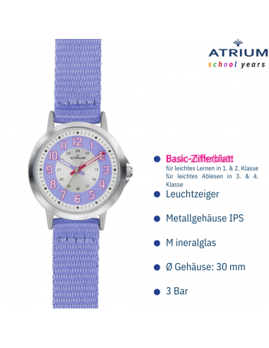 ATRIUM Uhr - Kinder - Mädchen - Flieder&Silberfarbe - Analog - 3 Bar - Lernzifferblatt - Nylonband - A46-18
