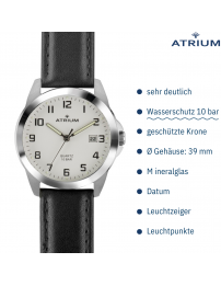 ATRIUM Herren Armbanduhr - Schwarzes Lederband - Weisses Zifferblatt - Datum - Edelstahl 10 bar - A16-10