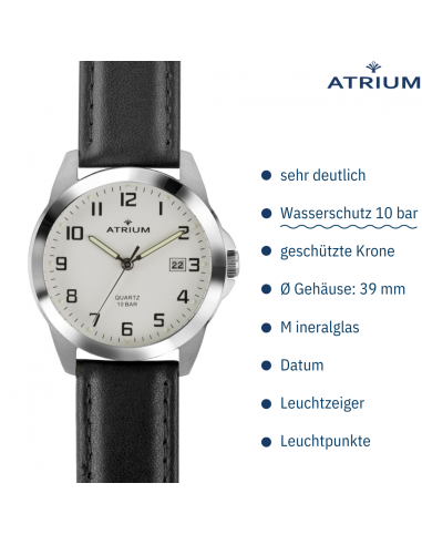 ATRIUM Herren Armbanduhr - Schwarzes Lederband - Weisses Zifferblatt - Datum - Edelstahl 10 bar - A16-10