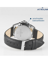 ATRIUM Herren Armbanduhr - Schwarzes Lederband - Weisses Zifferblatt - Datum - Edelstahl 10 bar - A16-10
